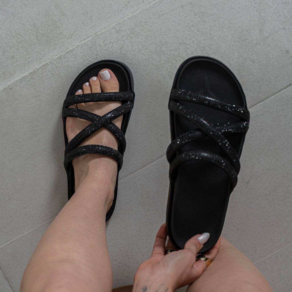 Sandália Feminina Papete Birken Rasteira Tiras de Strass Brilhosa Confortável