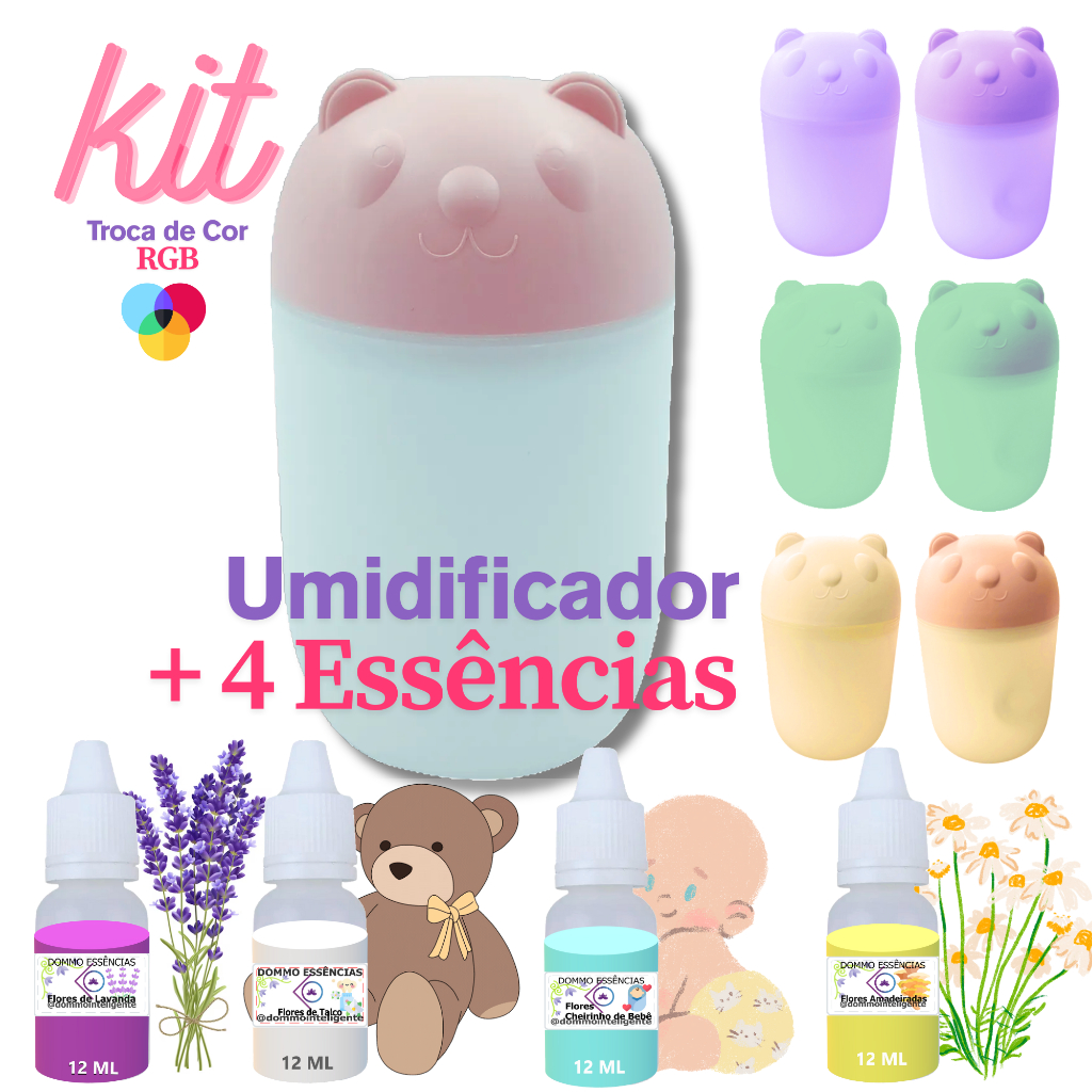 KIT Umidificador Aromatizador + 4 Essências Hidrossolúvel | Difusor de Ursinho 220ml | L.T.CB.CA