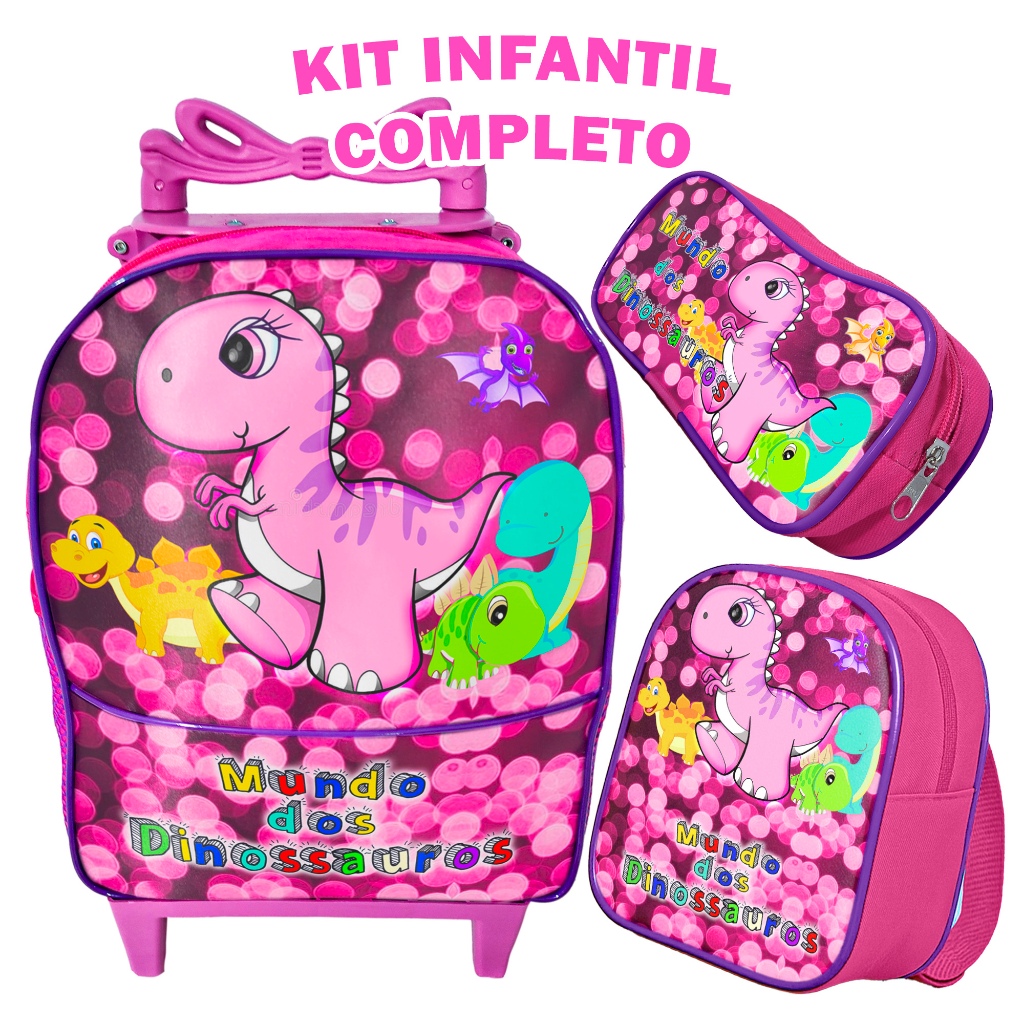 Kit Escolar Estojo 1 Ziper Menina Mochila de Carrinho Pequena Infantil - Mundo Dos Dinossauro Rosa Lancheira Térmica