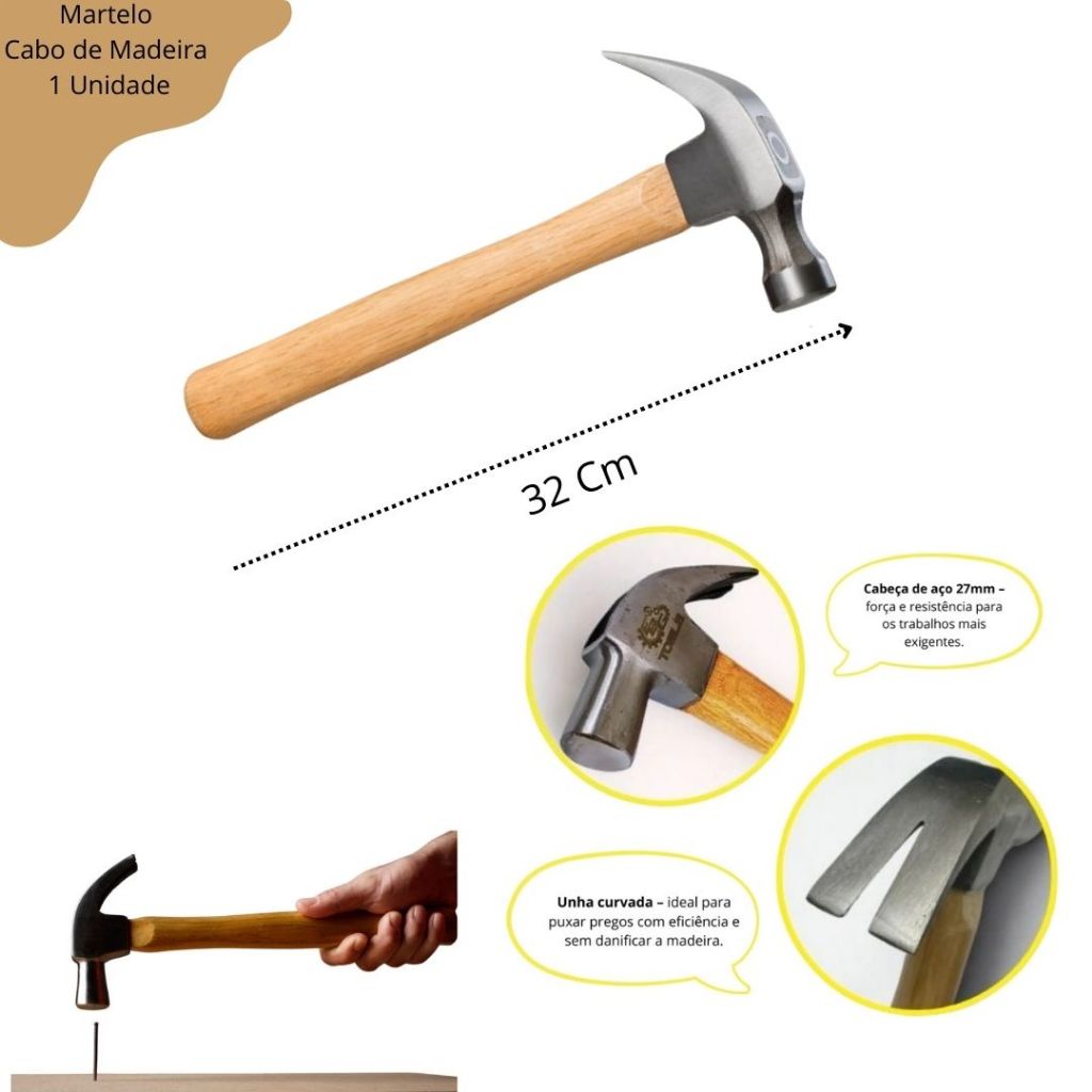 Martelo C/ Cabo Madeira  33CM Cabeça De Aço 27MM Unha Curvada Arranca Prego em Oferta na Shopee