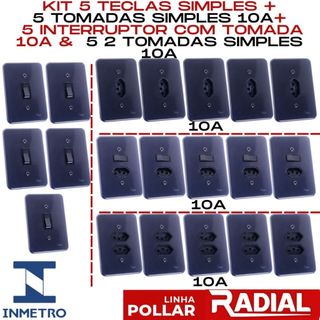 Kit 5 Interruptor, 5 Tomada 10A, 5 Interruptores com Tomada 10A & 5 2 Tomadas Distanciadas 10A