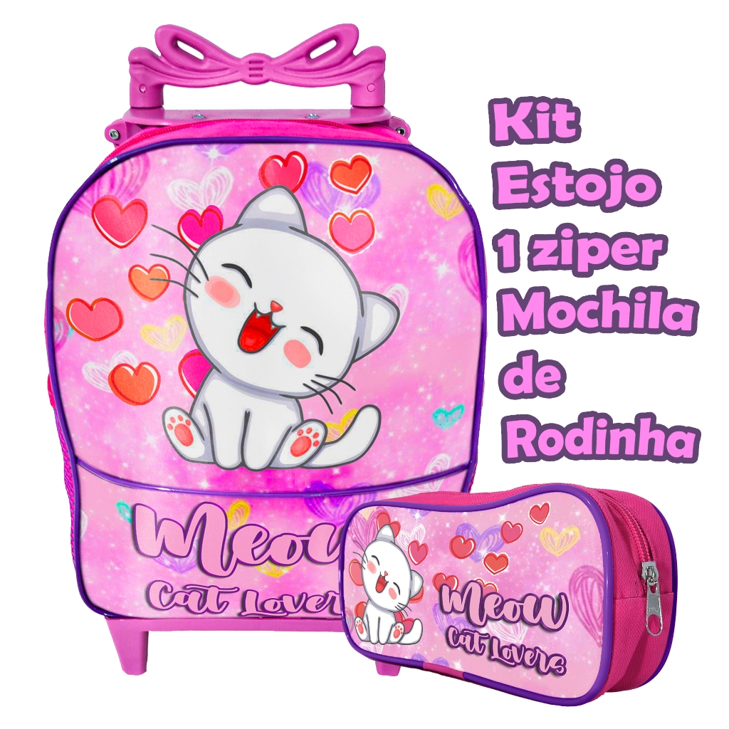 Kit Mochila Escolar de Rodinha - Gatinho Rosa Estojo Infantil Simples 1 Ziper para Meninas até 5 Anos