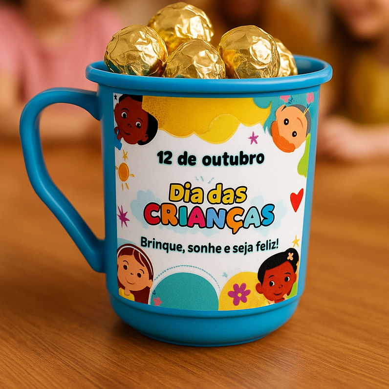 Lembrancinha colorida 20un dia crianças copo alça desenhado pronta entrega igreja escola ong doação