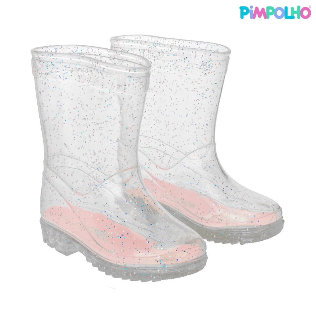 Galocha Infantil Transparente Glitter Prata Menina Pimpolho
