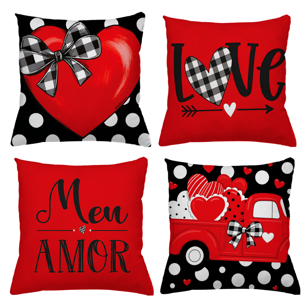 KIT 4 CAPAS DE ALMOFADAS AMOR LOVE CORAÇAO XADREZ  TAMANHO 45X45