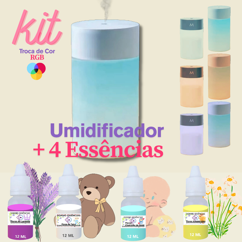 KIT Umidificador Aromatizador até + 4 Essências Hidrossolúvel | Difusor Transparente 220ml | L.T.CB