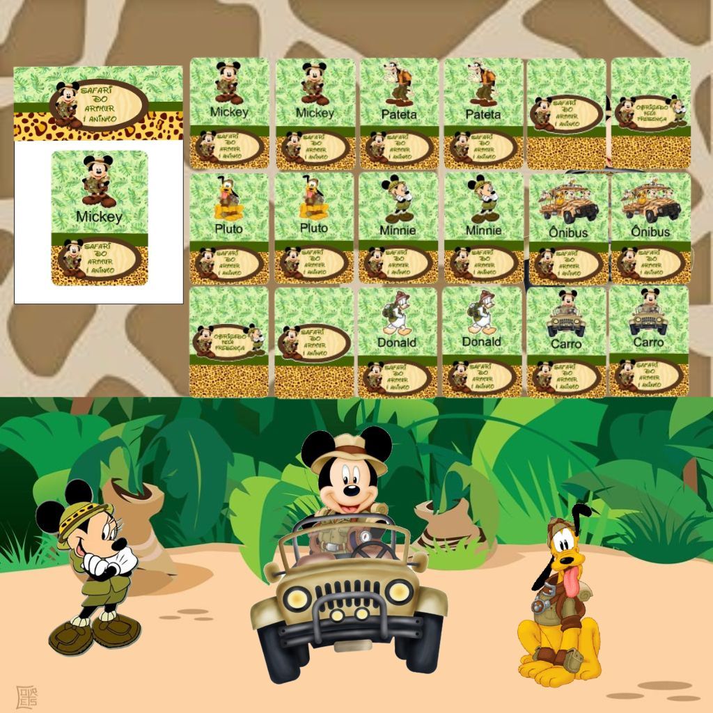 Jogo da Memória Personalizado Safari Mickey - Lembrancinha de Aniversário - Papelaria Criativa