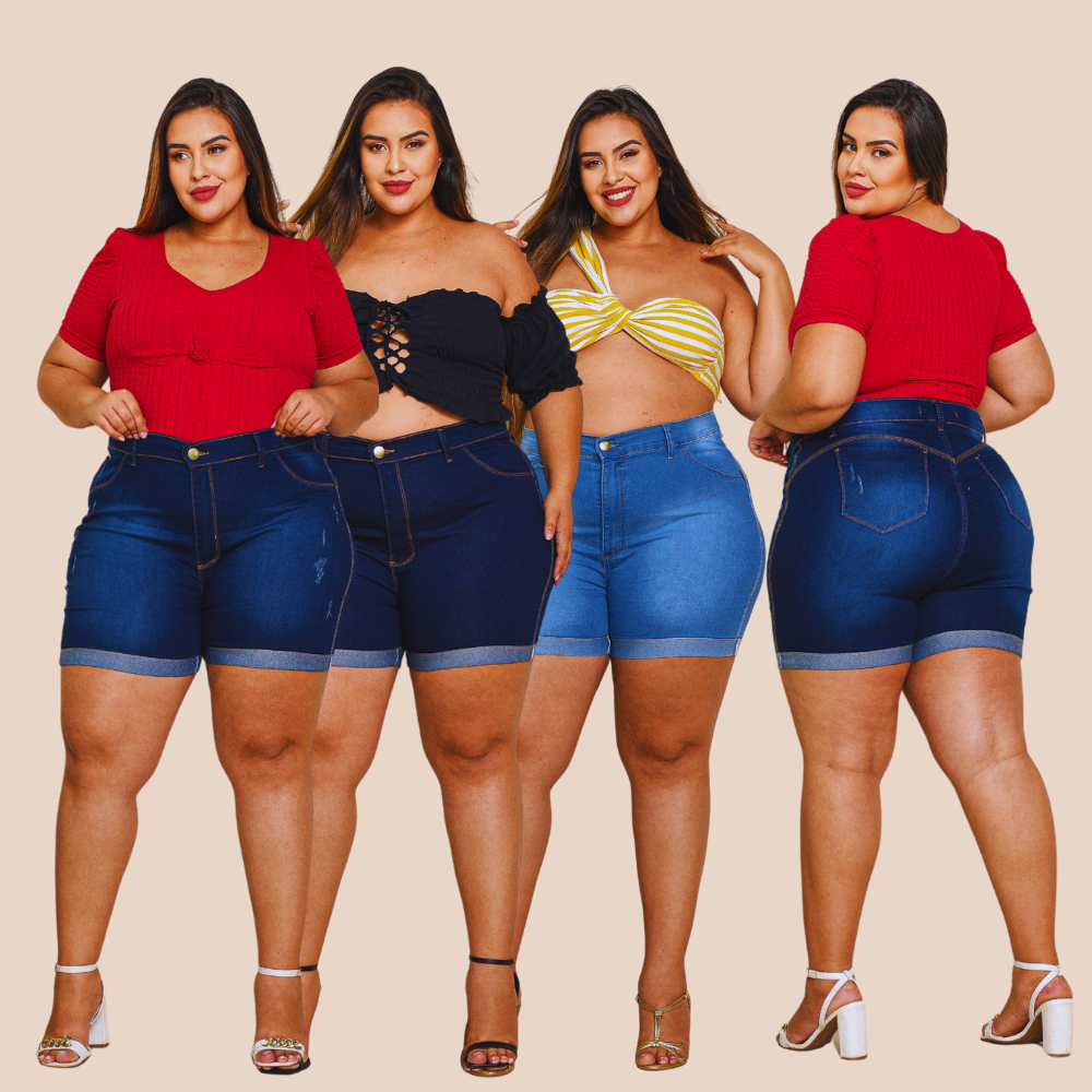 Bermuda Meia Coxa jeans feminina plus size elastano premium cintura alta lycra strech curve