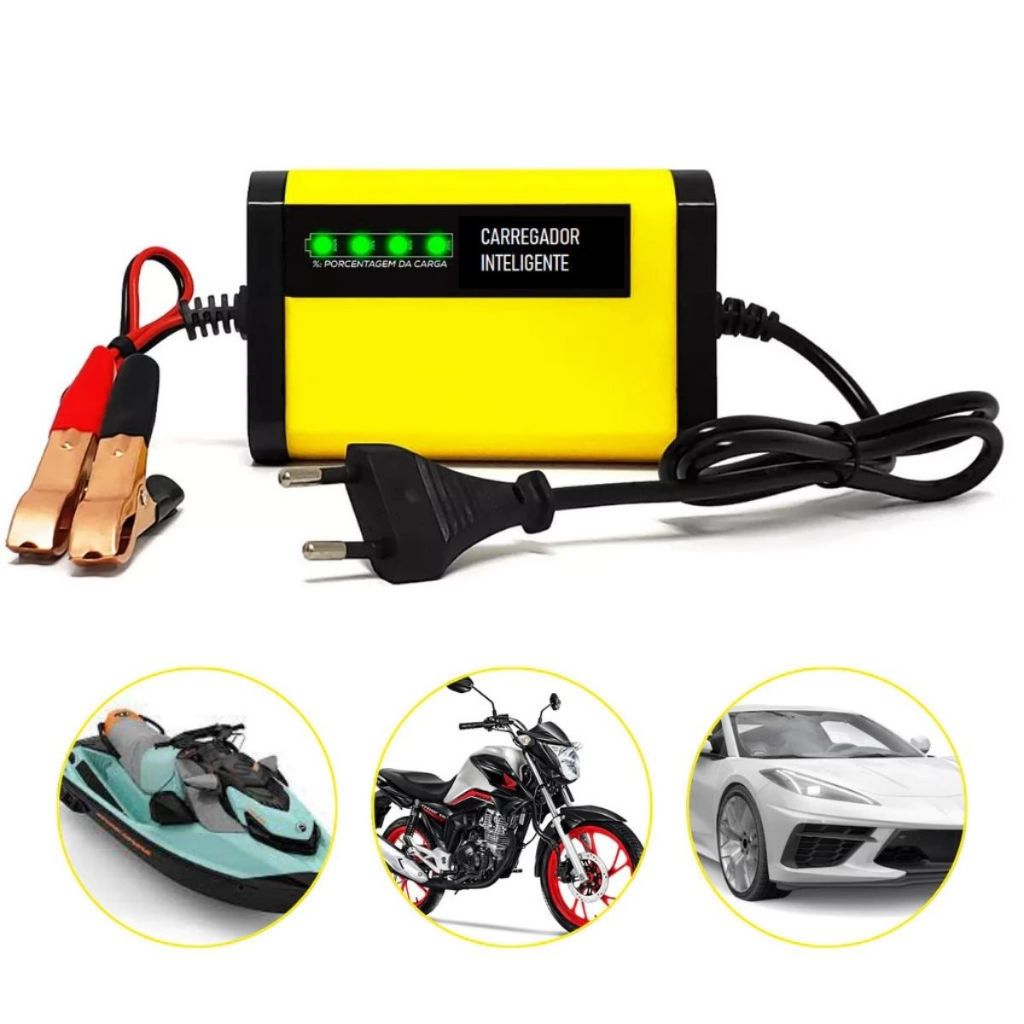 Carregador de Bateria Inteligente 12V para Moto e Carro Bivolt Automático com Display LED em Oferta na Shopee