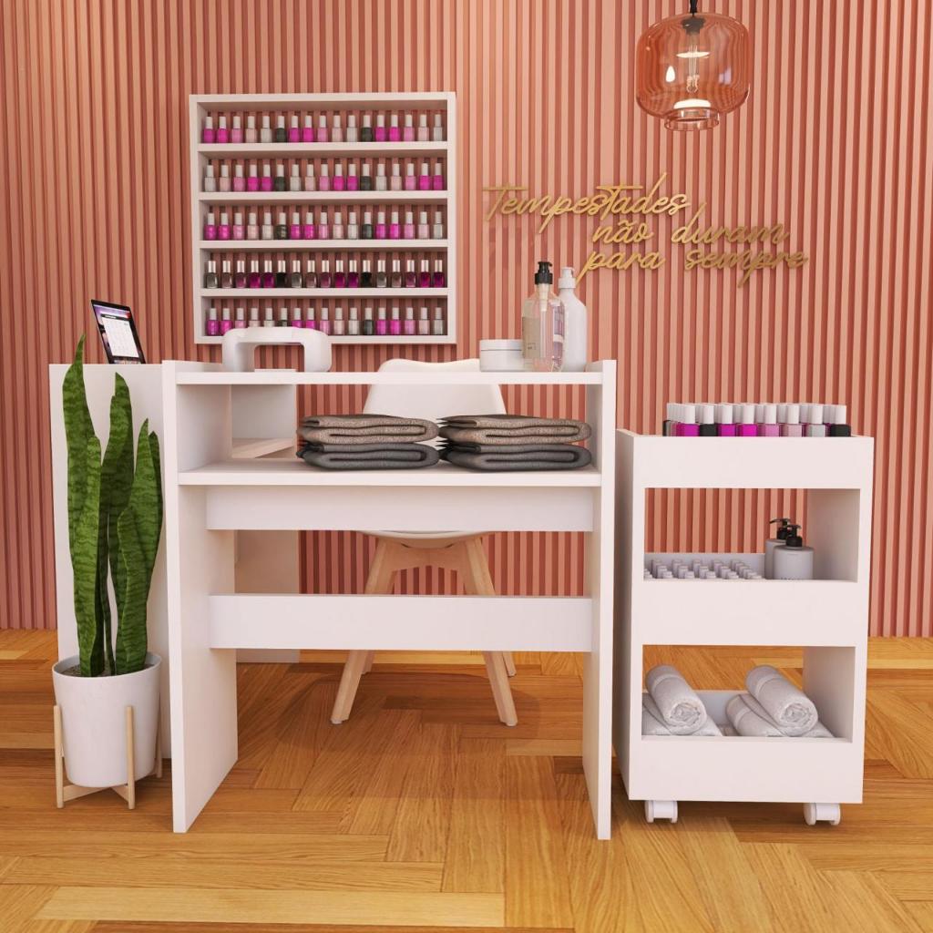 Mesa Manicure Profissional com Carrinho Auxiliar Branco de Alta Qualidade em Oferta na Shopee