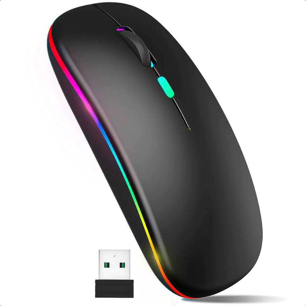 Mouse Sem Fio Recarregavel LED RGB Exbom Ergonomico 800-1600 DPI Leve
