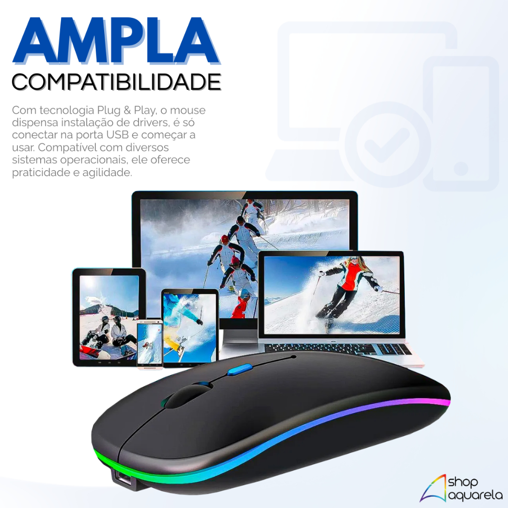 Mouse Sem Fio Recarregavel LED RGB Exbom Ergonomico 800-1600 DPI Leve