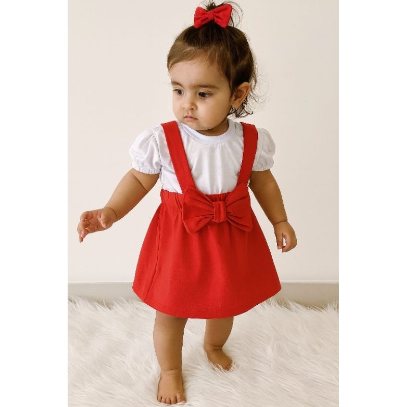 Conjunto Infantil Salopete Vermelha com Blusa Branca – Look Elegante e Confortável para Menina natal