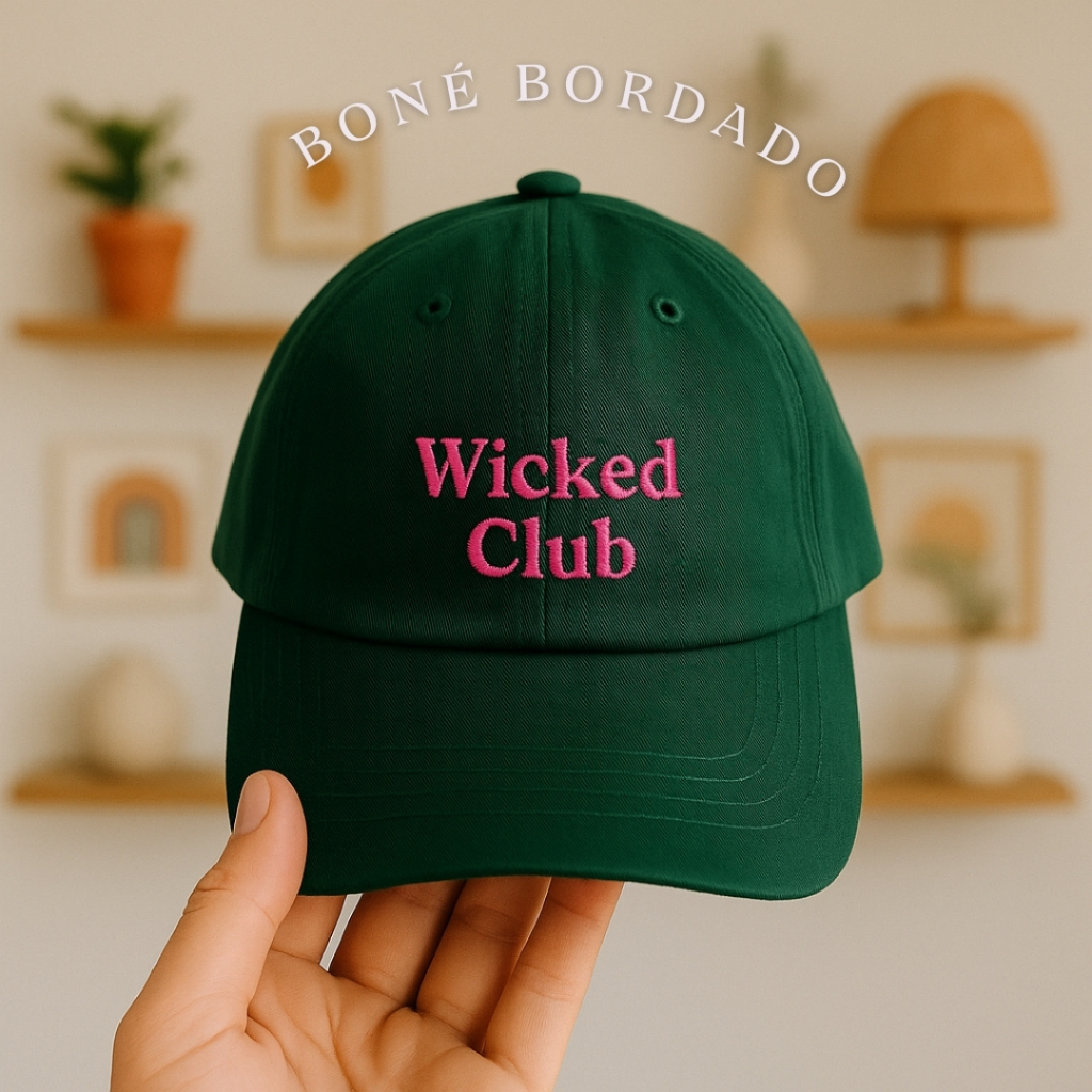 Boné Bordado Wicked Club Filme Musical Glinda e Elpha | Boné Temático Filme | Boné Verde e Pink