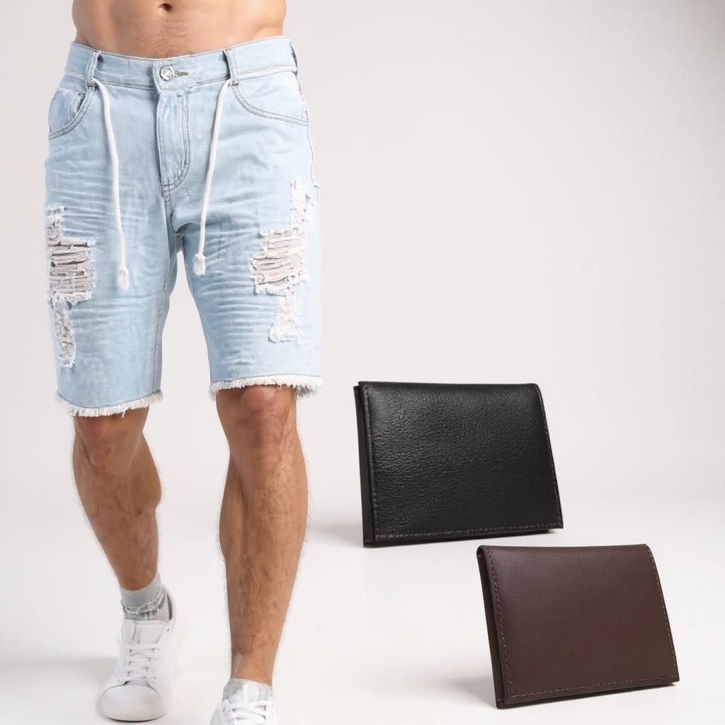 Bermuda Jeans Masculina Rasgada Sarja preta  Destroyed Desfiada+ carteira