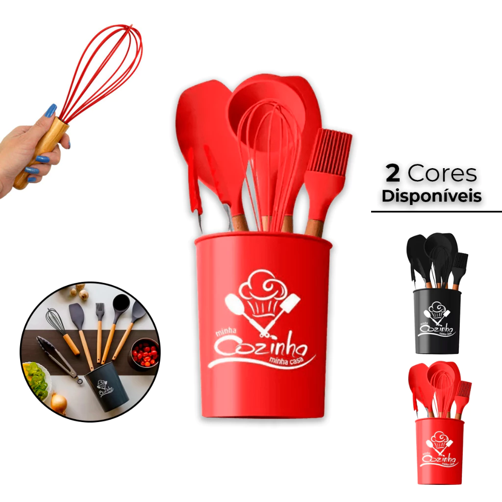 Kit Cozinha Utensílios Talheres De Silicone Com Cabo Madeira 7 Peças Lindas Cores