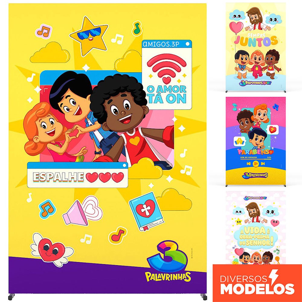 Painel de Festa Decoração 3 Palavrinhas Infantil Retangular 1,50x2,20m Sublimado Em Tecido - Licenciado