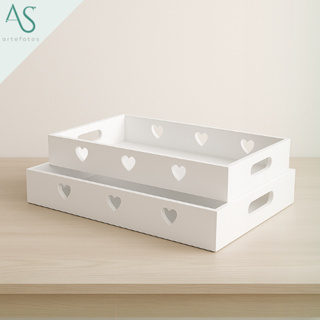 Kit Duas bandejas Corações P e M Em MDF Branco Decorações Casa em Oferta na Shopee