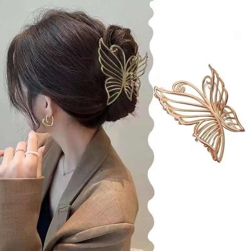 Presilha de cabelo elegante com borboleta dourada, prendedor de tubarão vintage de liga para rabo de cavalo, presilha em Oferta na Shopee