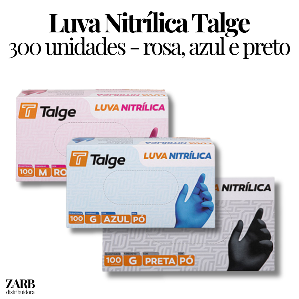 Kit 300 Luva Nitrílica Talge Sem Pó - Azul, Rosa e Preta | Tamanhos P, M e G em Oferta na Shopee
