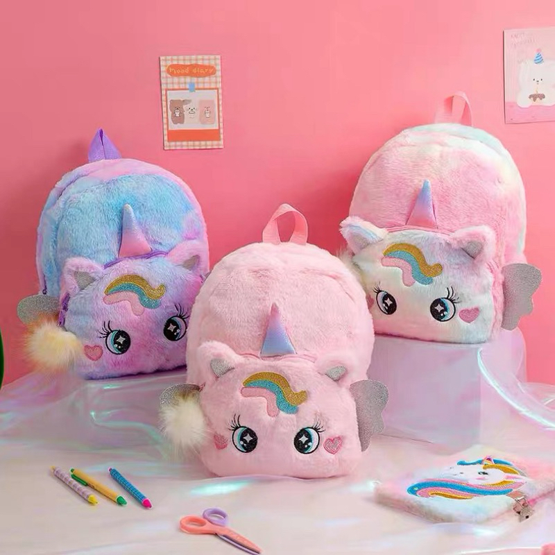 Mochila Infantil Unicórnio de Pelúcia – Fofa, Macia, com Asas Brilhantes e Pompom