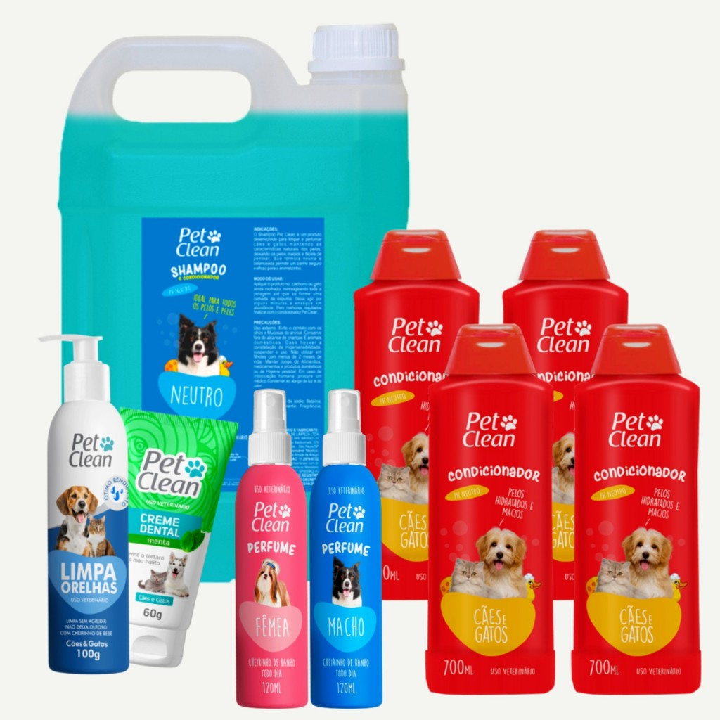 kit Shampoo Condicionador Neutro, Limpa Orelha, Perfume Macho e Femea Creme Dental Banho e Tosa