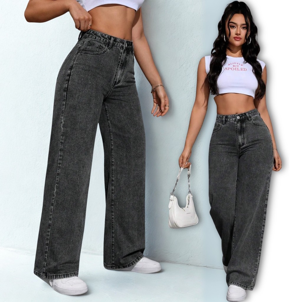 Calça Jeans Wide Leg Marmorizada Grafite Cintura Alta Levanta Bumbum 34 ao 46 Perna Larga Pantalona