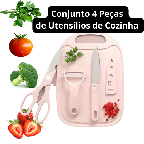 Conjunto 4 Peças de Utensílios de Cozinha, tabua, tesoura, faca e ralador Envio Sortido