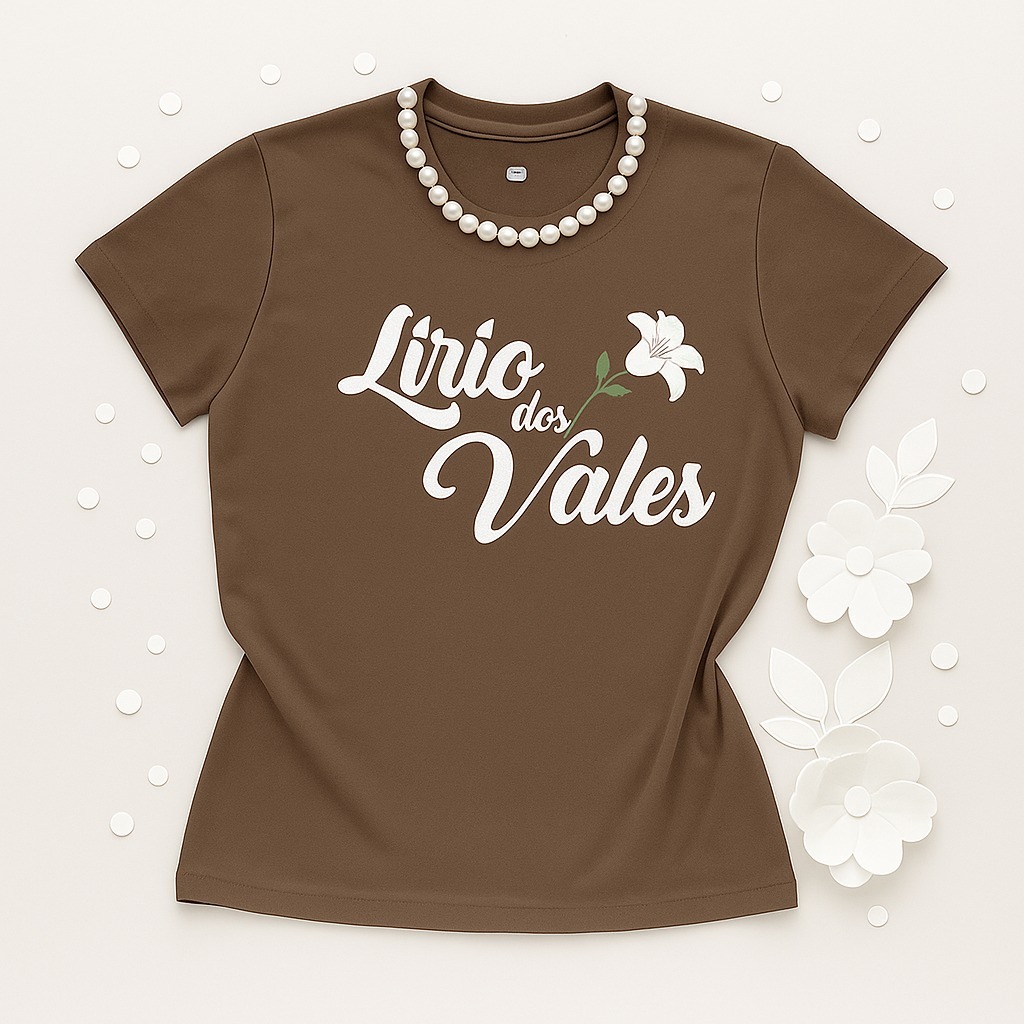 Camiseta Evangélica Lírio dos Vales com pérolas bordadas na gola cor marrom