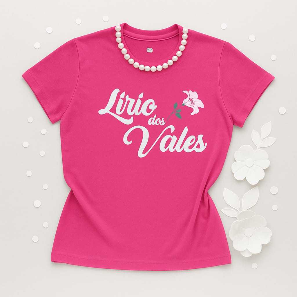 Camiseta Evangélica Lírio dos Vales com pérolas bordadas na gola, pink
