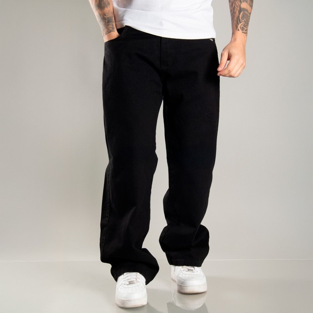 Calça Masculina Reta Jeans Bag Perna Reta Larga Balão Carpenter Streetwear baggy Lavagem Preta