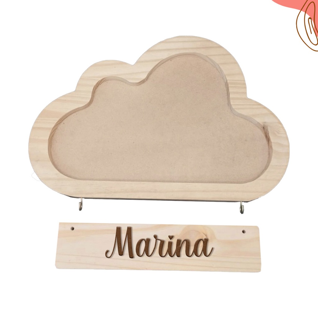 Porta Maternidade Nuvem com Placa e Nome em Pinus e MDF Decoração Quarto Bebê Personalizado Infantil