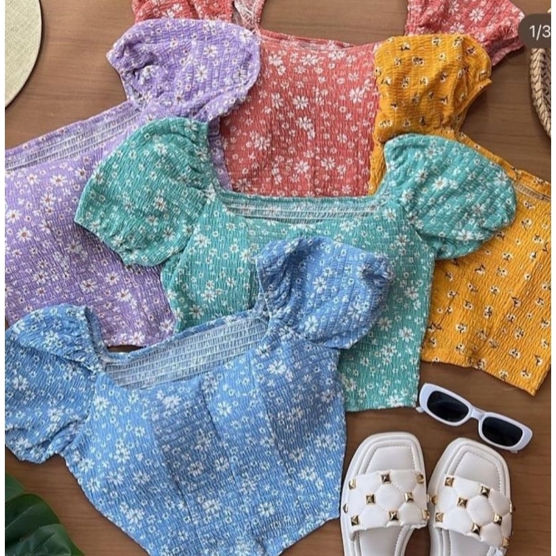 Cropped Feminino Manga curta Ciganinha Biquinho Corceler Florido Estampado Xadrez Floral Cautry Florido Romântico Ombro