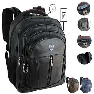 Mochila de Couro PU Masculina Trava com Código para Trancar Notebook Impermeável com Cabo USB AUX