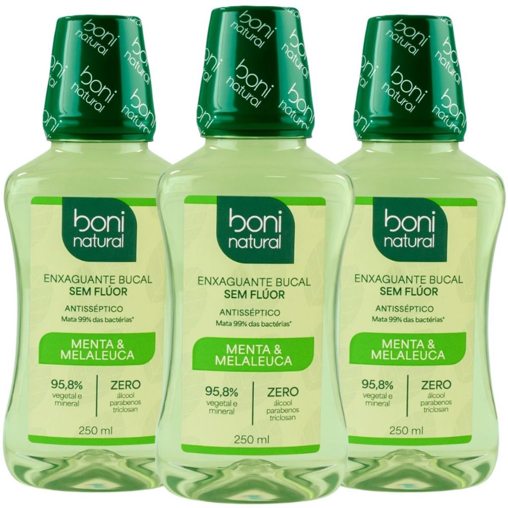 Kit 3 Enxaguante Bucal Vegano Natural Menta e Melaleuca 250ml - Boni Natural