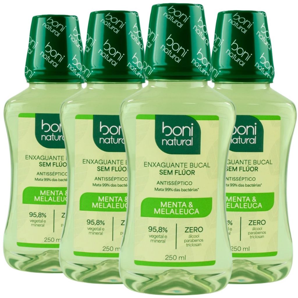 Kit 4 Enxaguante Bucal Vegano Natural Menta e Melaleuca 250ml - Boni Natural