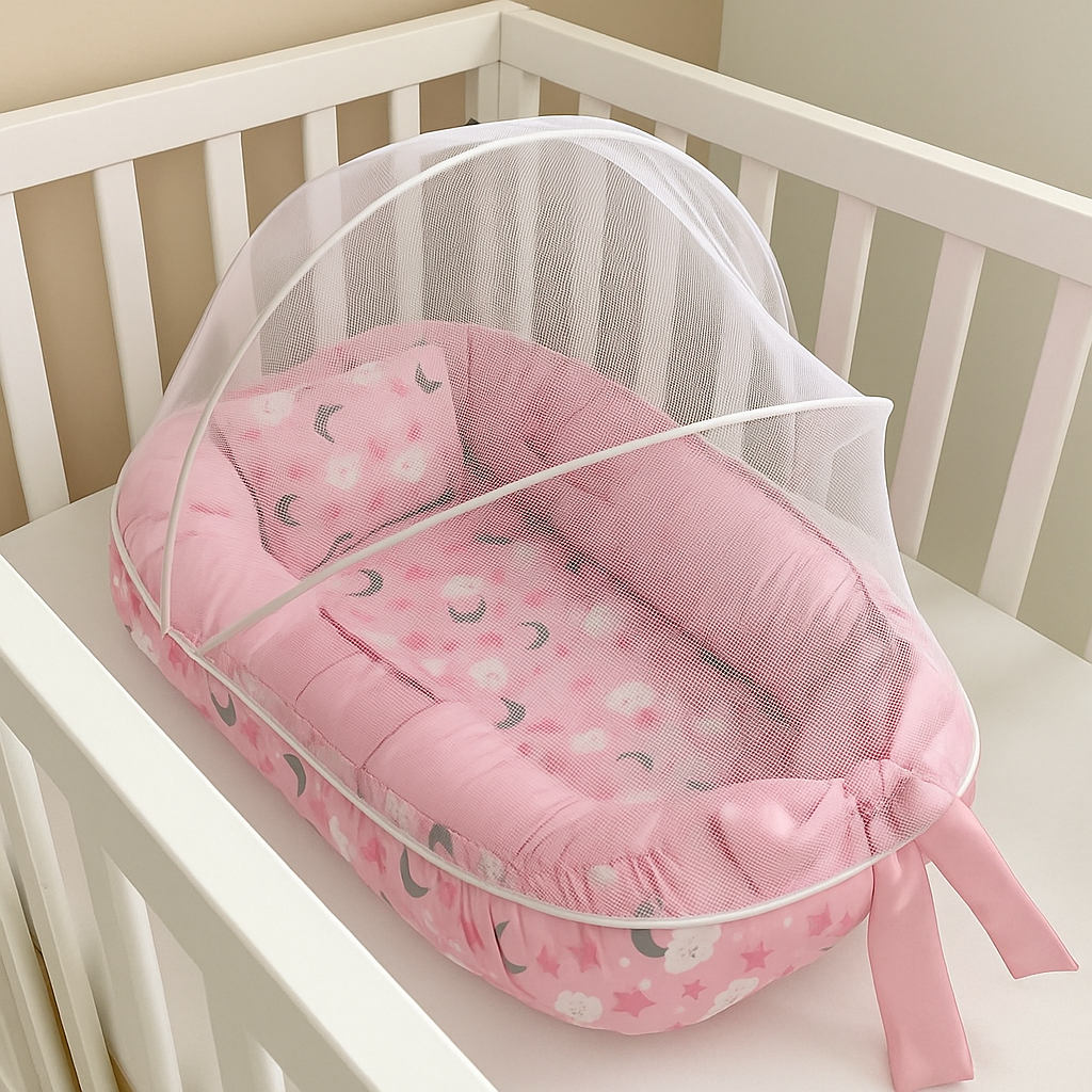 Ninho Redutor de Berço Para Bebe Mosquiteiro Portátil Kit 2 Peças Enxoval Menina Menino Rosa Azul em Oferta na Shopee