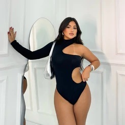 Body Collant Feminino Gola Alta Com Recorte Na Lateral Mula Manca Tendência Moda Blogueira