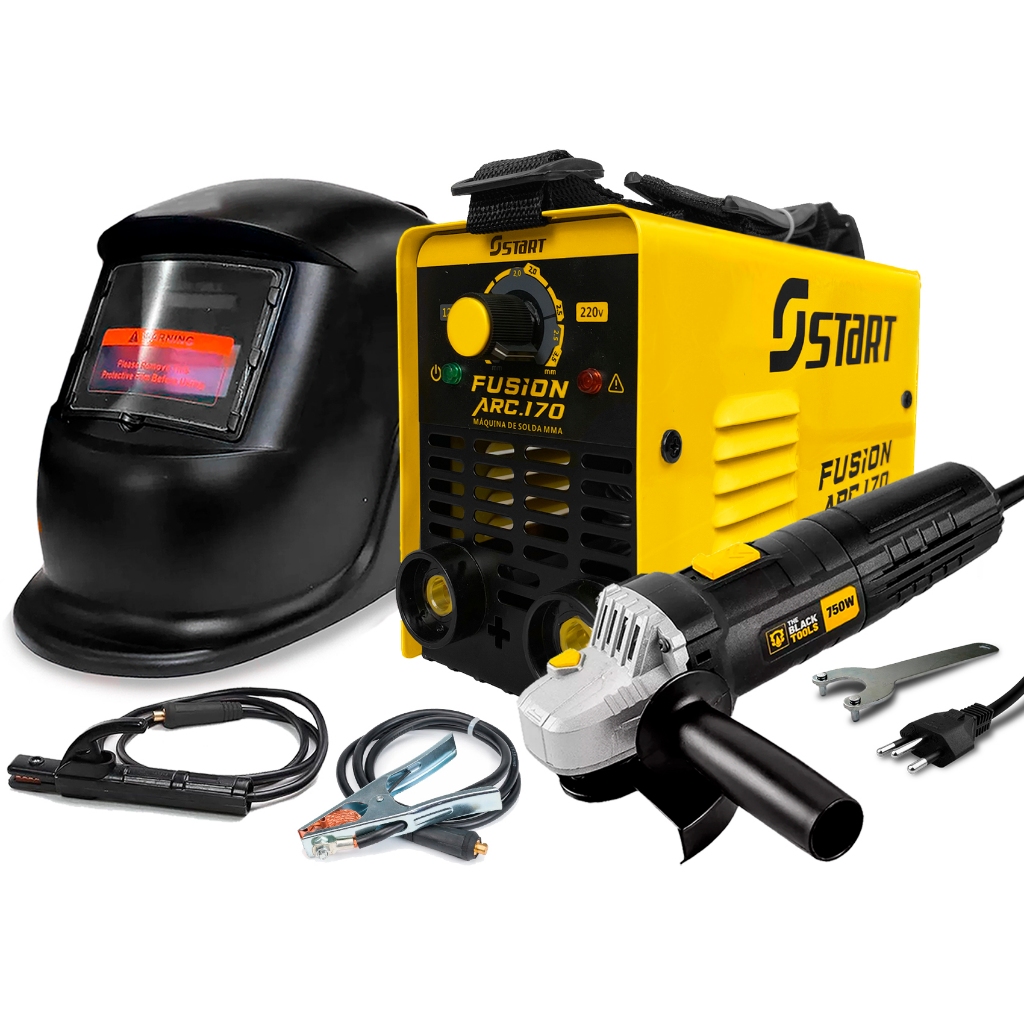 Kit Máquina Solda Inversora Bivolt + Mascara Solda Automática + Esmerilhadeira Lixadeira Angular