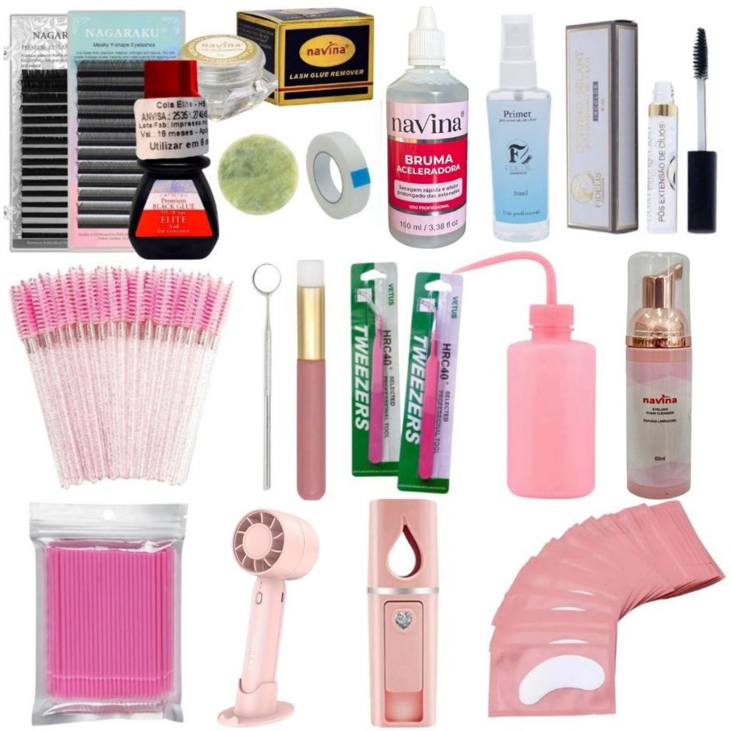 Kit Extensão Cílios Nagaraku Cola Adesivo Elite HS10 Removedor e Bruma Navina Selante Primer Fidelis