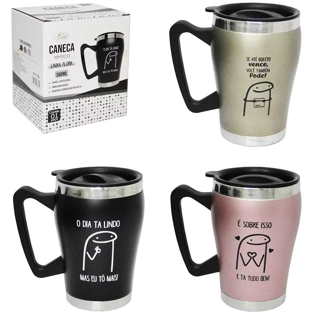 Caneca Termica De Inox Com Parede Dupla + Tampa De Plastico Linha Flork 360ML em Oferta na Shopee