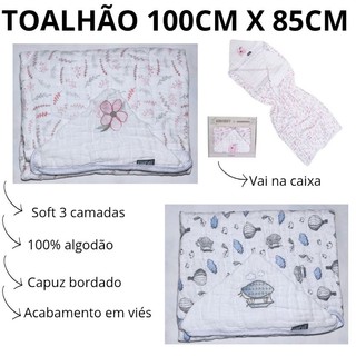 Toalha de banho bebê capuz bordado Toalhão 100 x 85 3 camadas fralda soft p/ Presente vai na caixa