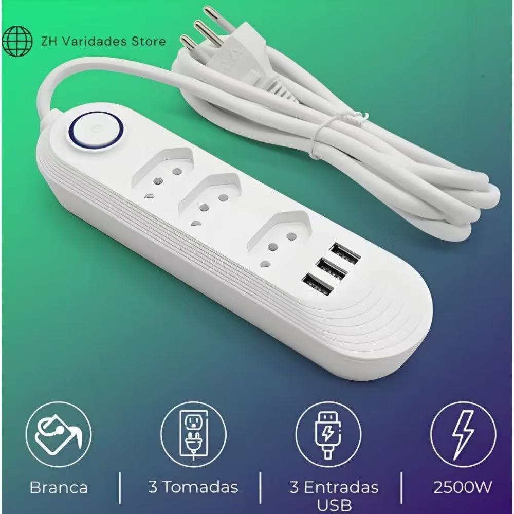 Extensão Elétrica 2m Com 4 Tomadas e 3 Entradas USB com Botão Para Ligar e Desligar