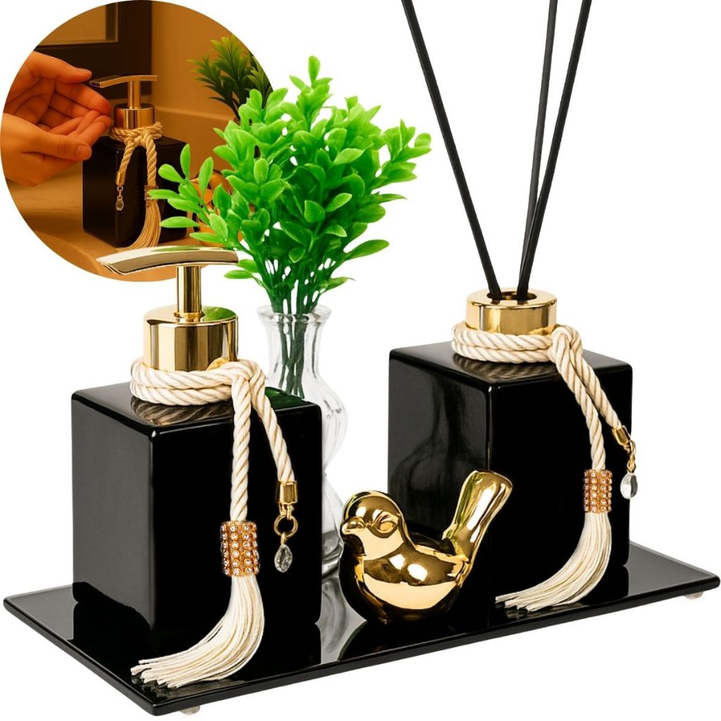 Kit Vidros Super Luxo Preto 250ml Com Vaso e Bandeja P/ Lavabo Banheiro e Decoração 250ml