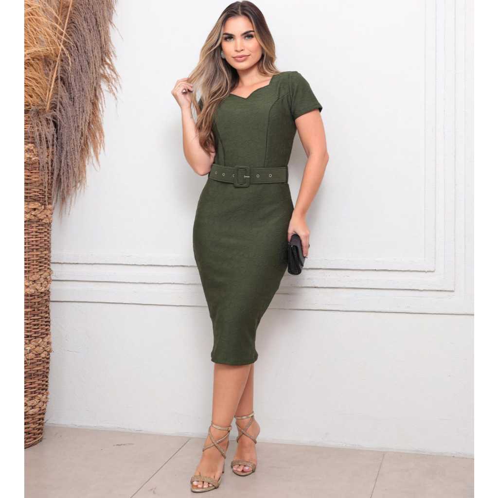 Vestido Tubinho Feminino Justo com Cinto Elegante Moda Social Festa Casual