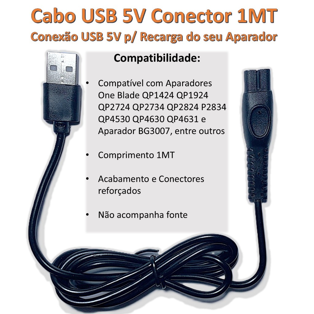 Cabo carregador USB compatível com Aparador Oneblade Alguns Modelos - Verifique a Compatibilidade em Oferta na Shopee