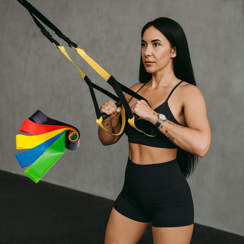 Imagem Kit Completo Treino Funcional | Fita TRX Suspensão + 5 Faixas Elásticas | Crossfit, Pilates, Yoga