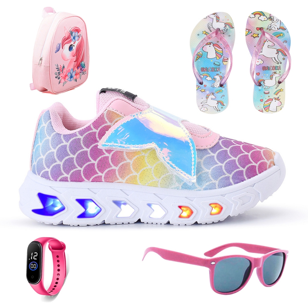 Kit Tenis Feminino Infantil Sereia Glitter De Led Meninas Cano Alto + Mochila + Chinelo + Óculos + Relógio Linkito