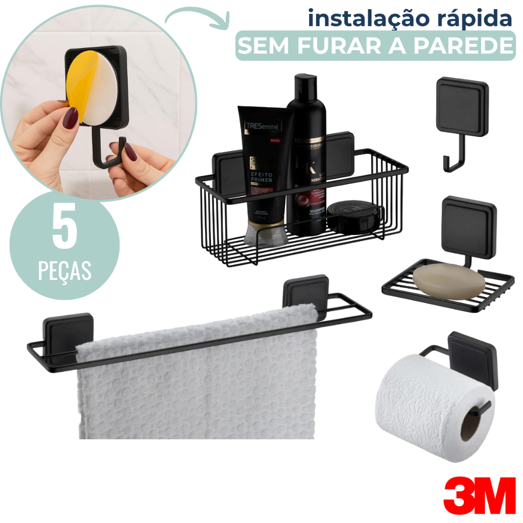 Kit Acessórios Banheiro Lavabo Preto Fosco 5 Peças Adesivo 3M Future em Oferta na Shopee