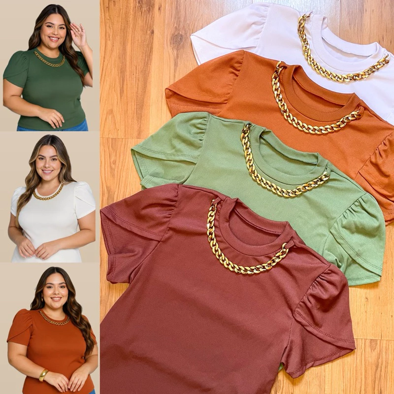 Blusa PLUS SIZE canelada ribana feminina corrente dourada manga bufante princesa elegante verão — imagem 1